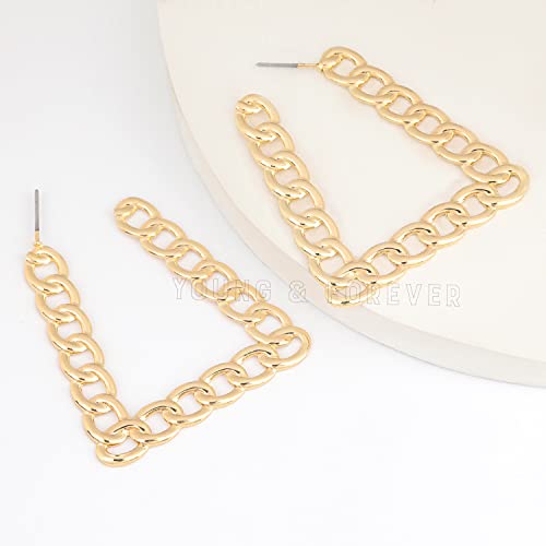Image of Young & Forever Gift Stainless Steel Gold Plated Curb Chain Hoop Earrings for Women Big Hoop Dangle Earring for Women Trapezoid Earrings Thin Geometric Hoop Earrings