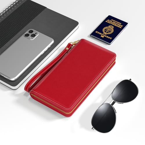 Image of Nipichsha Womens Wallet, RFID Wristlet Wallet for Women, Cute Ladies Purse, Large Credit Card Clutch Purse, Leather Card Holder Wallets with Zipper & Phone Holder, Red