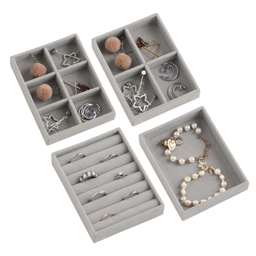 Frebeauty Kleines Schmucktablett, stapelbares Samt-Schmuck-Organizer-Tablett, Mini-Schmuck-Schubladen-Organizer, Schubladeneinsätze, 12 x 9,5 x 2,3 cm, Ohrring-Organizer für Damen (Set 4, Grau)
