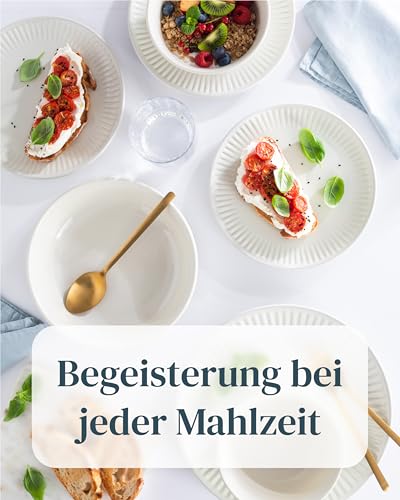 Steingut Geschirrset 6 Personen Hygge 18 tlg. TESTSIEGER, Traumhaftes Skandinavisches Steingut Geschirr Set, Schüssel- und Teller Set, Tafelservice 6 Personen, Geschirrsets Pure Living in Beige