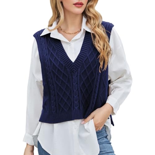 Image of Blostirno Women's Sweater Vest V Neck Sleeveless Casual Ribbed Cable Cropped Pullover Vests Argyle Plaid Knit Tank Tops