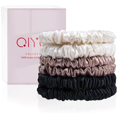 QIYUE 6 Pcs 100% Silk Hair Scrunchies Soft & Comfortable Small Silk Scrunchy Skinny Hair Ties Bows Ropes Elastics Ponytail Holders for Women Girls Hair Accessories (22whitelitegoldblack, 6pc-1cm) Cover