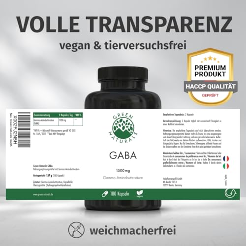 Green Naturals® GABA Kapseln – Hochdosiert: 1.500 mg aus natürlicher Fermentation – 100 % Vegan & Ohne Zusätze – 180 Kapseln (3 Monate) – Premiumqualität aus Deutschland – Vegan & laborgeprüft