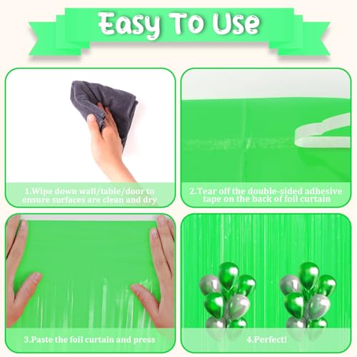 Image of Voircoloria 2 Pack Pastel Green Foil Fringe Backdrop Curtains, Tinsel Streamers Party Decorations, Fringe Backdrop for Baby Shower, Birthday Party