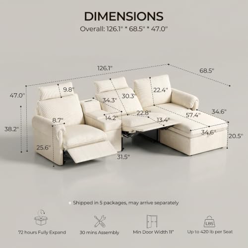Image of CHIC HOUSE 126 inch 3-Seat Power Reclining Sectional Sofa with Ottoman, Beige
