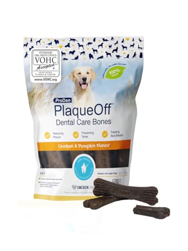 ProDen PlaqueOff Kauknochen für Hunde Zahnpflege, Pack mit 13 Knochen, Dental Sticks für mittelgroße und große Hunde, Dental Knochen für Plaque und frischen Atem, Huhn & Kürbis