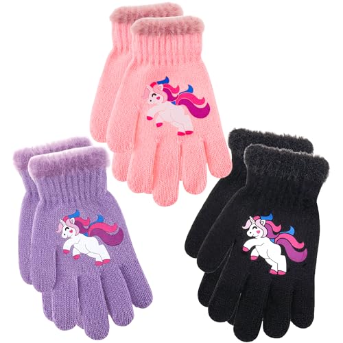 FENELY 3 Pairs Kids Winter Knit Gloves - Stretchy Full Finger Fluffy Warm for Boys Girls Toddler 4-7-12 Years