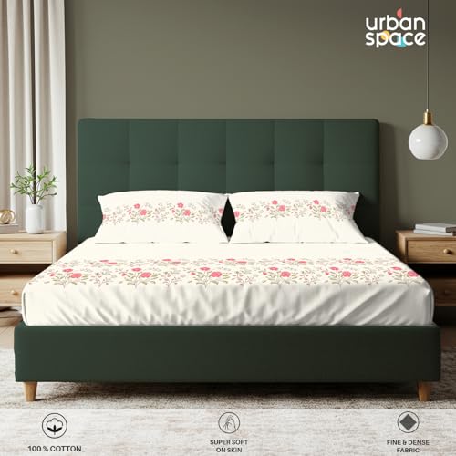Image of Urban Space Serene 100% Cotton Bedsheet for Double Bed, Floral Queen Size Bed Sheet with 2 Pillow Covers (88 x 100 Inches, Poppy Bloom)