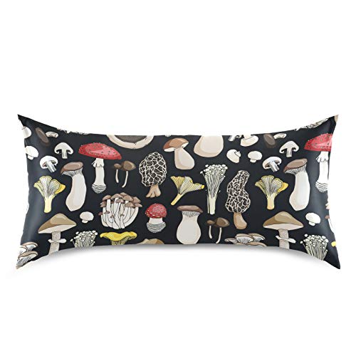 Oyihfvs Different Mushrooms And Toadstools On Black Silky Satin Pillowcase For Hair And Skin, Soft Breathable Bed Pillow Cover, Decorative Silk Pillow Cases, Standard Size 20X26 Inches #TOP2