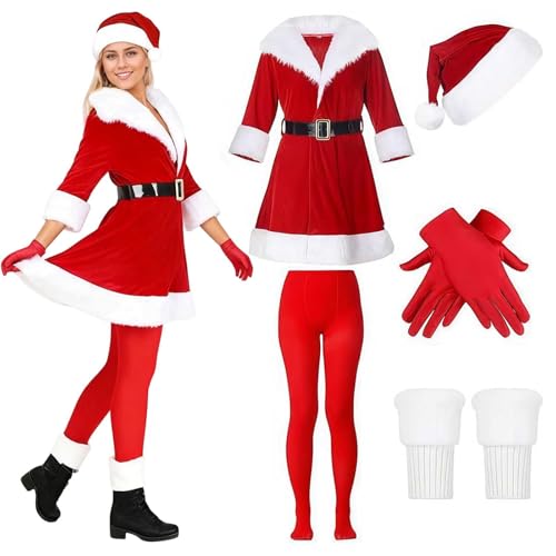 Weihnachtsmann Kostüm Damen Weihnachtsfrau Kostüm 6-teiliges Weihnachtskostüm Frauen Rot Weihnachtskleid mit Weihnachtsmütze Erwachsene Karneval...