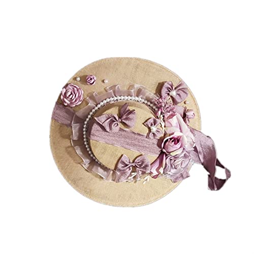 Chapeau de paille Lolita victorien pour femme, vintage, exquis fleurs pastorales, chapeau de paille pour fille, goûter, violet Cover