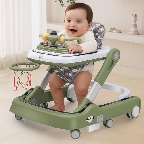 Image of Little Olive Baby Walker for Kids | Foldable & Adjustable Height Walker with Basketball Hoop, Interactive Activity Toy Bar, Comfortable Padded Seat & Smooth Wheels | Baby Walker for Boys & Girls (Green)