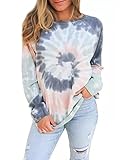 Juniors Tops for Teen Girls,Tanst Sky Cute Tie Dye Sweatshirts Fall Crew Neck Shirts Cotton Pajama Long Sleeve Pullover Hoodie Knit Shirt Holiday Outfits Gray Blue Small