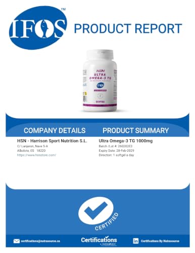 Miniatura 4 de Hsn Ultra Omega 3 Tg Ifos 5 Estrellas 120 Perlas 1000mg Aceite De Pescado Por Perla Con 350mg Epa 250mg Dha Alta Absorción En Forma De Triglicéridos Certificado Sin Metales Pesados