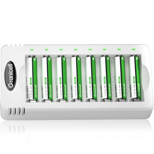 Granicell AAA Rechargeable Battery with Charger, 8 Pcs of 1100mAh Low Self-Discharge AAA Batteries with 8-Compartment AA AAA Smart Battery Charger for Ni-MH Ni-CD Batteries, Individual Slots.