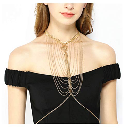 Fstrend Multilayered Body Chains Necklace Gold Layered Choker Necklaces Sexy Chest Chain Festival Party Jewelry Accessories for Women and Girls