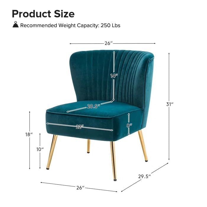 Image of Modern Upholstered Accent Velvet Chair Single Seater Channel Tufted Wing Back Chair with Golden Matel Legs for Living Room, Bedroom, Dining Room, Teal