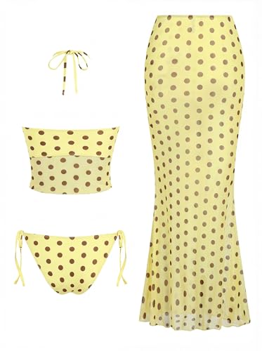 Image of ZAFUL Women 3 Piece Bikini with Cover Up Skirt Halter Bandeau Swimsuit Floral Tie Side Cheeky Bathing Suit