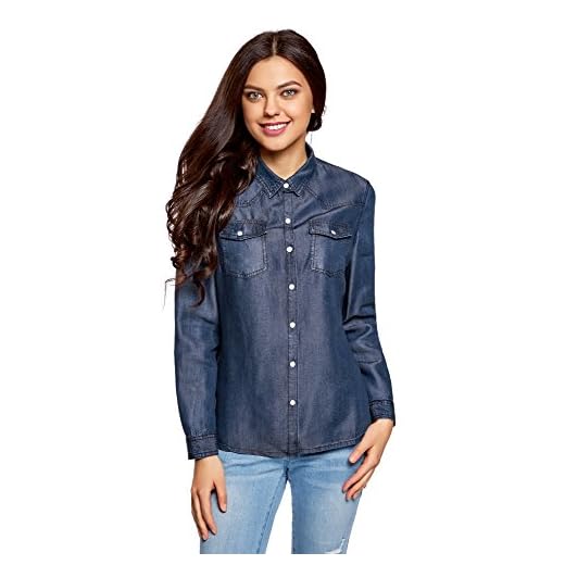 oodji Ultra Mujer Camisa con Botones a Presión con Bolsillos en el Pecho, Azul, ES 44 / XL