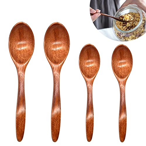 Cuillere en Bois Set de 4, Cuillere a Cafe en Bois Naturel Cuillère Thé Bois Cuillere Bois Fait à La Main Petite Cuillere en Bois Thé Café Miel Sucre Assaisonnement Soupe Riz Fouetté (14cm + 18cm)