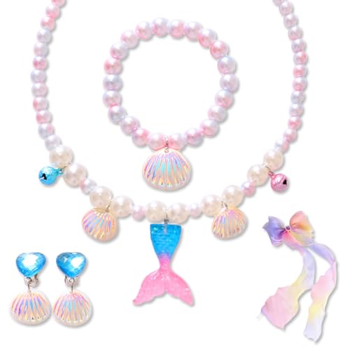 6 Piezas Joyas de Sirena para Niñas, Joyería de Sirena para Niños, Collar, Anillos, Pulseras, Pendientes, Horquilla, para Regalo de Cumpleaños de Fiesta de Niñas