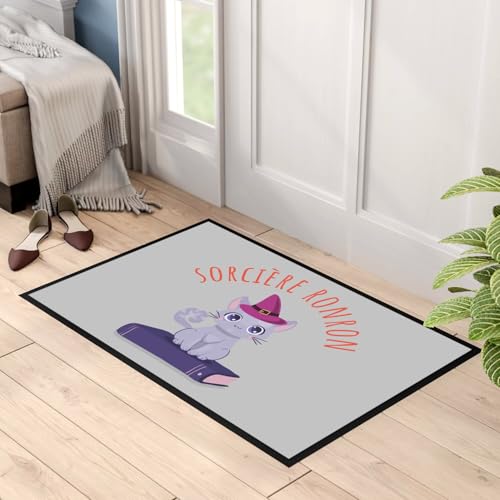 Paillasson Gris Sorcière Ronron Chat Halloween Mignon 75x50cm
