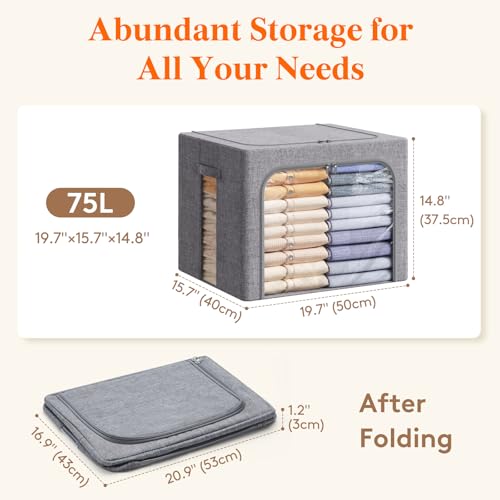 Image of Lifewit Clothes Storage Bins with Metal Frame, Stackable Storage Box, Foldable Clothing Storage Bins with Lids, 75L Storage Bags Fabric Box Organizer with Clear Window& Zippers& Sturdy Handles 4 Pack