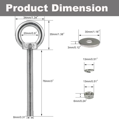 Image of M8 x 76mm Stainless Eye Bolt with Nuts 4 Pack, 5 /16 inch x 3 inch Long Shoulder Lifting Ring Eye Bolt for Boat & Hanging, Heavy Duty Marine Grade Threaded Eyebolts for Swing Tie Down Outdoor