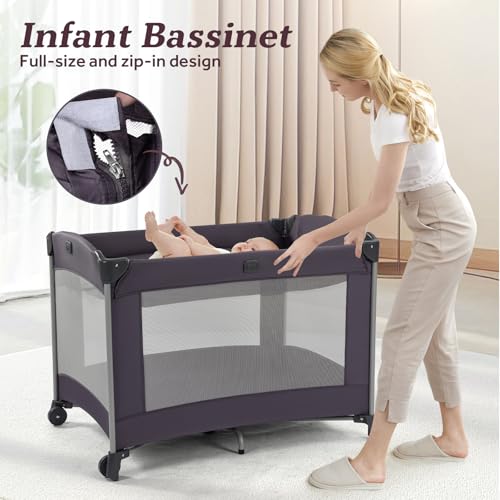Image of Portable Baby Playard 4 in 1 Design, Foldable Baby Playpen with Removable Bassinet, Canopy and Changing Table, Infant Playrad, Nursery Center Travel Crib