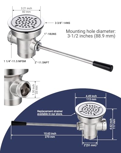 Image of 3-1 /2 inch Commercial Sink Drain with Overflow, Lever Handle Waste Drain Valve | Zn-alloy & Stainless Structure Chrome Finish for Restaurant Industrial Deep 3 Compartment Sink, 2 inch NPT Outlet Double-Thread