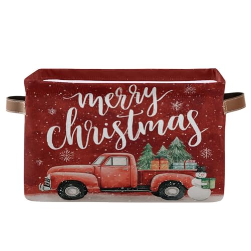 Christmas Red Snowman Truck Print Rectangular Storage Bin Basket with Handles - Laundry Storage Basket Organizer Bins for Pets Room Books Closet