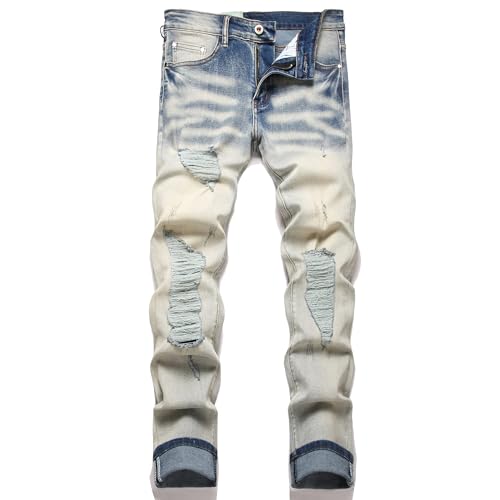 TMMMT Men's Fashion Washed Perforated Elastic Slim Fit Jeans(36, 8840 Blue Wash)