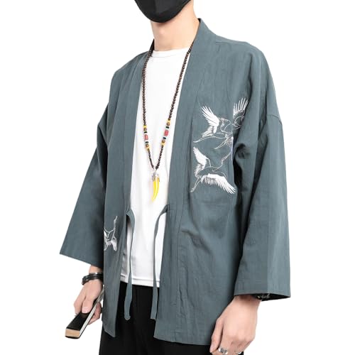 Image of Men's Japanese Kimono Cardigan Loose Cotton Linen 3 /4 Sleeve Open Front Casual Summer Shirt Jackets