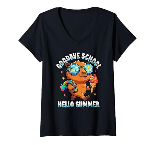 Women's Goodbye School Hello Summer Capybara Last Day of School 2026 V-Neck T-Shirt