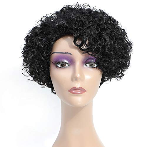 PIESOYRI Perruque Cheveux Humain Bouclée Court, Peruque Femme Brésilienne Naturel Bouclé 8 Pouces, pas de colle nécessaire, doux et plein, densité 130%, noir naturel Cover
