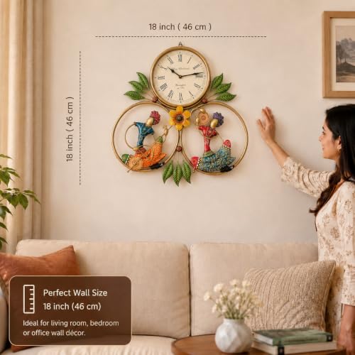 Image of SETHI AESTHETIC Metal Wall Clock with Decorative Traditional Rajasthani Musician Men, 46x46 cm, Living Room Decor with Floral Accents| Fancy Clock for Living Room or Drawing Room|