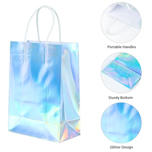 Image of BLEWINDZ 32Pcs Small Paper Gift Bags with Tissues, Iridescent Party Favor Bags with Handles, Holographic Silver Gift Bag for Wedding Baby Shower Birthday Party Supplies