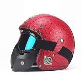 CARACHOME Casco De Motocross Hombre Y Mujer con Máscara Desmontable para Gafas, Casco Moto Vintage Resistente Al Viento Y A Prueba De Arena, Casco Integral para Patinete Electrico Scooter,Red,L