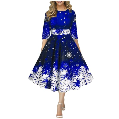 Weihnachtskleider Damen Langarm Kleider, Elegant Große Größen Weihnachten Druck Weihnachtskleid Vintage 50er Jahre Tunikakleid Knielang Rundhals...
