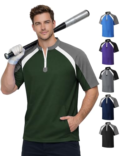 Men’s Baseball Cage Jacket Short Sleeve Windproof & Water-Resistant Baseball Pullover for Batting Practice Coaches Jacket Green