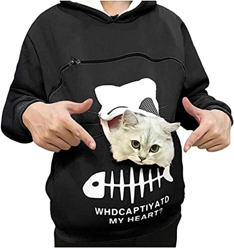 ペット 抱っこ用エプロン 猫 抱っ お腹のポッケに猫 犬を 猫と一緒に出かけ服 カンガルーのような袋 スウェット 男女兼用 パーカー レディース トレーナー ゆったり ポケット猫入れポケット付き 犬入れポケット 散歩 旅行 ブラック XXL
