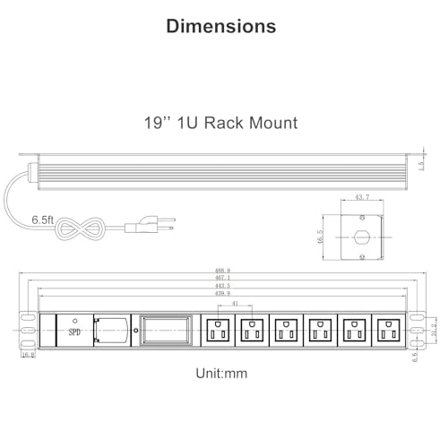 Image of 19 Inch Metered PDU Rack Mount Power Distribution Units 6 NEMA 5-15R Outlets PDU, 125-250V 15A 1U Rackmount Surge Protector Power Strip with OLED Screen Amp Voltage Power Display