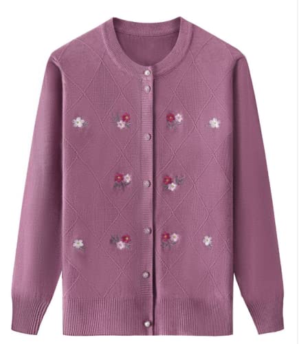 Mediana Edad Mayores Jersey De Punto para Mujer - Moda Mujeres Tejer Cardigan Bordado Suéter De Primavera Chaqueta De Un Solo Pecho Casual Delgado Tamaño Suelto Elegante Abrigo, Púrpura, 3XL