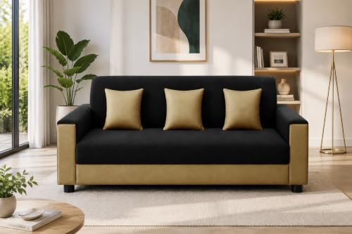 Image of 3 Seater Wooden Sofa | Velvet Fabric Couch with Cushions | Comfortable Living Room Sofa | Sturdy Wooden Frame | Home & Office Furniture | Black & Beige