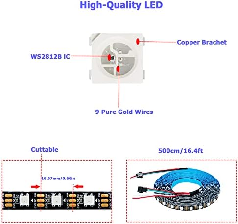 YUNBO WS2812B RGB LED Pixel Strip 5M 300LEDs, Individually Addressable 60 Pixels/M 5050 SMD 5V Black PCB Flexible IP20 NO-Waterproof Cuttable Smart LED Lighting