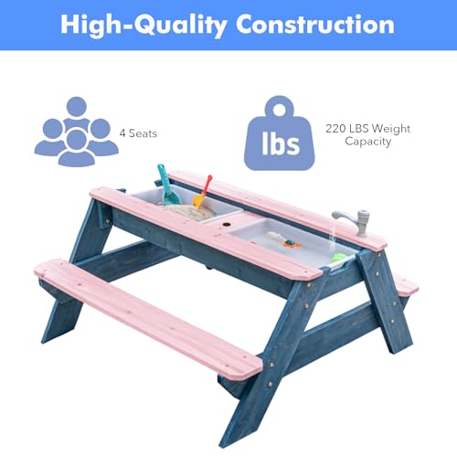 K LUCKIDS Kids 3-in-1 Sand & Water Activity Table, Wood Outdoor Convertible Picnic Table, 2 Play Boxes, Removable Top with Faucet, Picnic for Outdoor (Pink/Navy) by K LUCKIDS - Used condition - Image 5