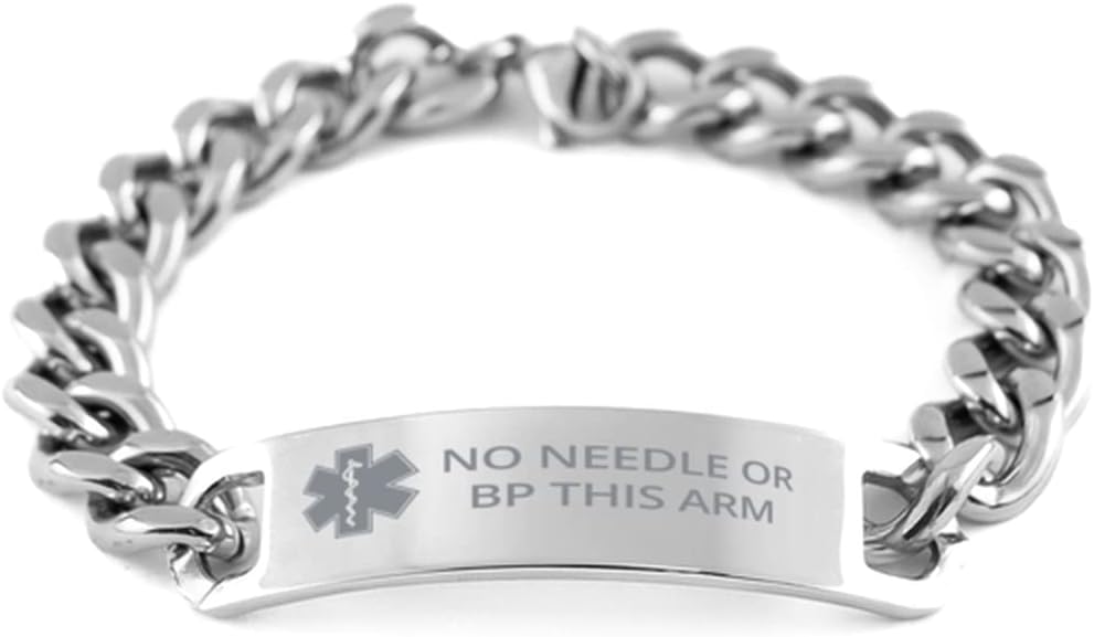 Medical Alert Cuban Chain Stainless Steel Bracelet, No Needle or BP This Arm Awareness, SOS Emergency Health Life Alert ID Engraved Stainless Steel Jewelry Silver Bracelet For Men Women
