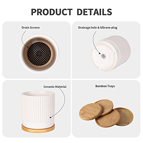 Tamaykim 4.25 Inch Cylinder Ceramic Succulent Planters, Vertical Striped Modern Small Plant Pots With Drainage Holes And Saucer For Aloe, Snake Plants, Cactus & Herbs, Indoor Decor #TOP2