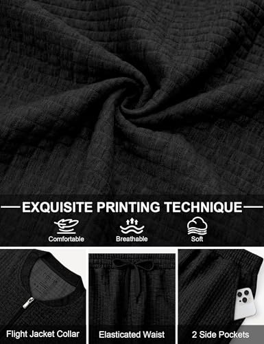 UOUA Men's Tracksuit 2 Piece Sets Jogging Suit Casual Running Sweatsuit with Full Zip Athletic Jackets and Pants Sports Outfits Black 3XL