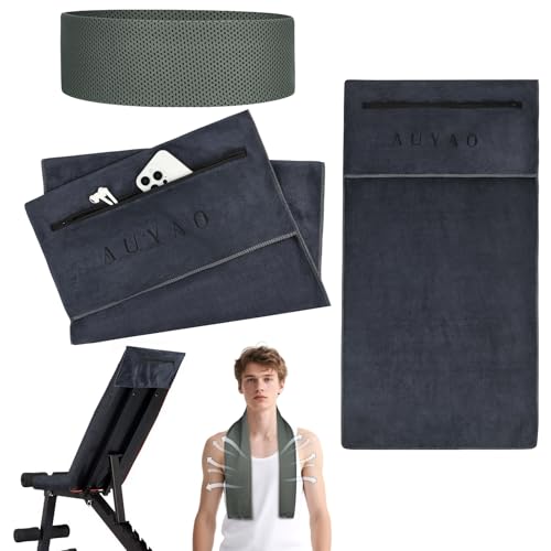 AUYAO Gym Towel Sports Fitness Towel Gym Sweat Towel with Zip Pocket 40 x 90cm Sunlounger Towel with Cold Feeling Absorbent Towels Sports Towel with Non-Slip Cover for Camping Yoga Training Outdoor